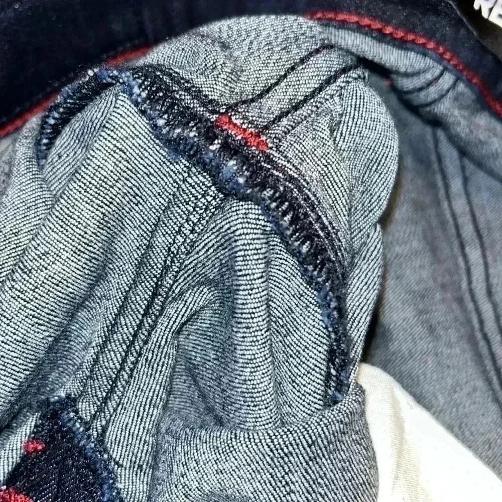 Express Dark Rinse Mid Rise Skinny Denim Jeans with Red Stitching Size 2P